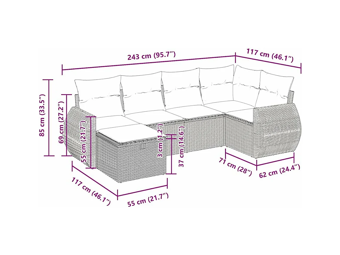 Set Divano da Giardino 6pz con Cuscini Grigio Chiaro Polyrattan