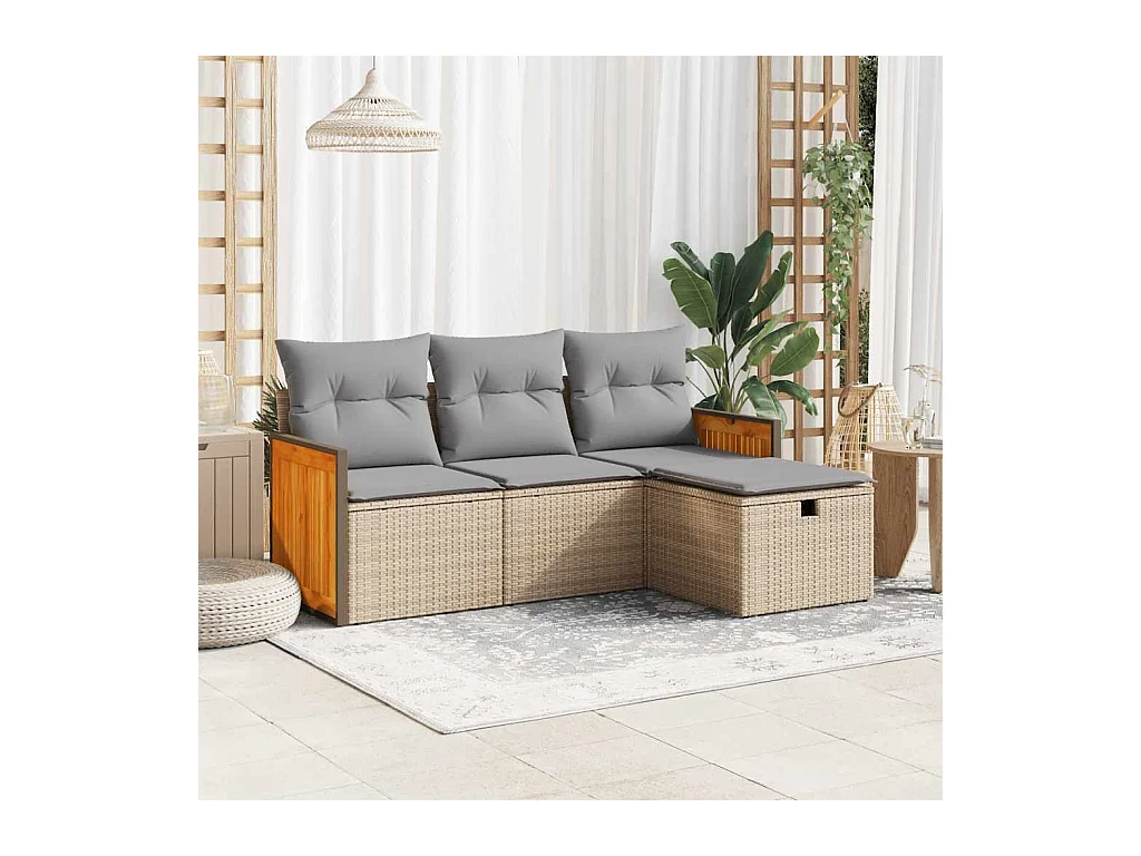 4 pcs conjunto de sofás para jardim c/ almofadões vime PE bege