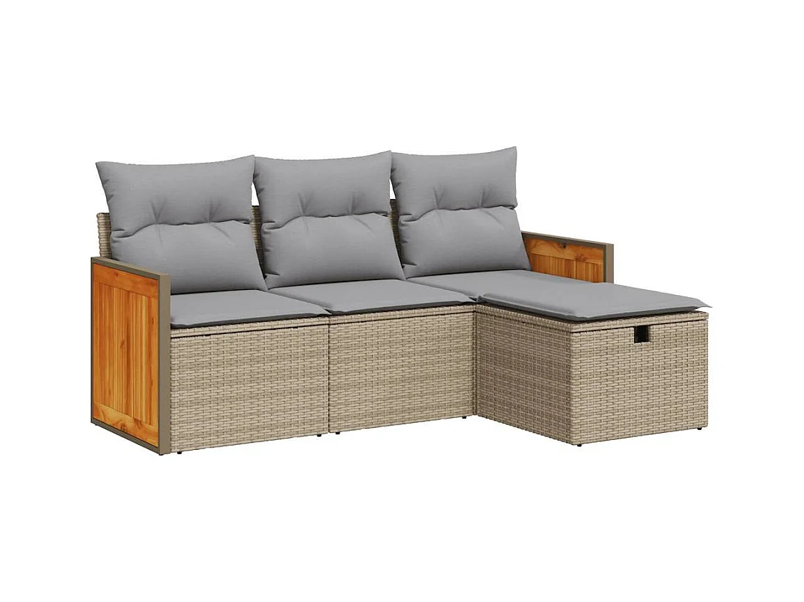 4 pcs conjunto de sofás para jardim c/ almofadões vime PE bege