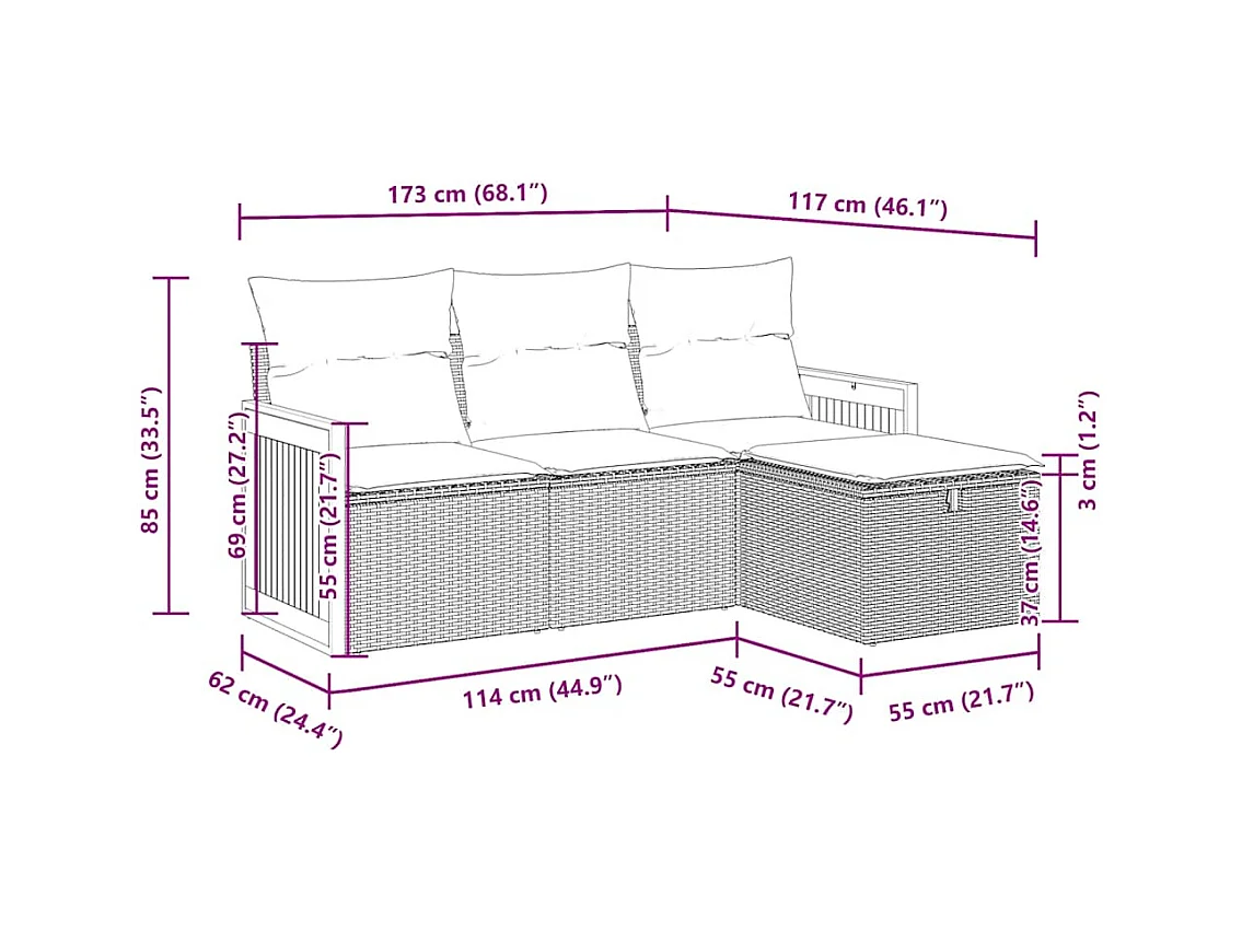 4 pcs conjunto de sofás para jardim c/ almofadões vime PE bege