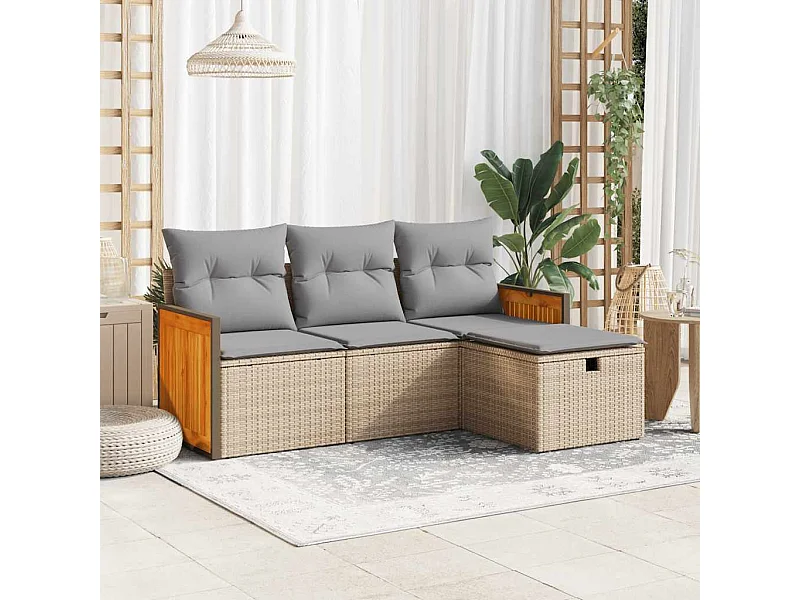 Set Divano da Giardino 4 pz con Cuscini Beige in Polyrattan