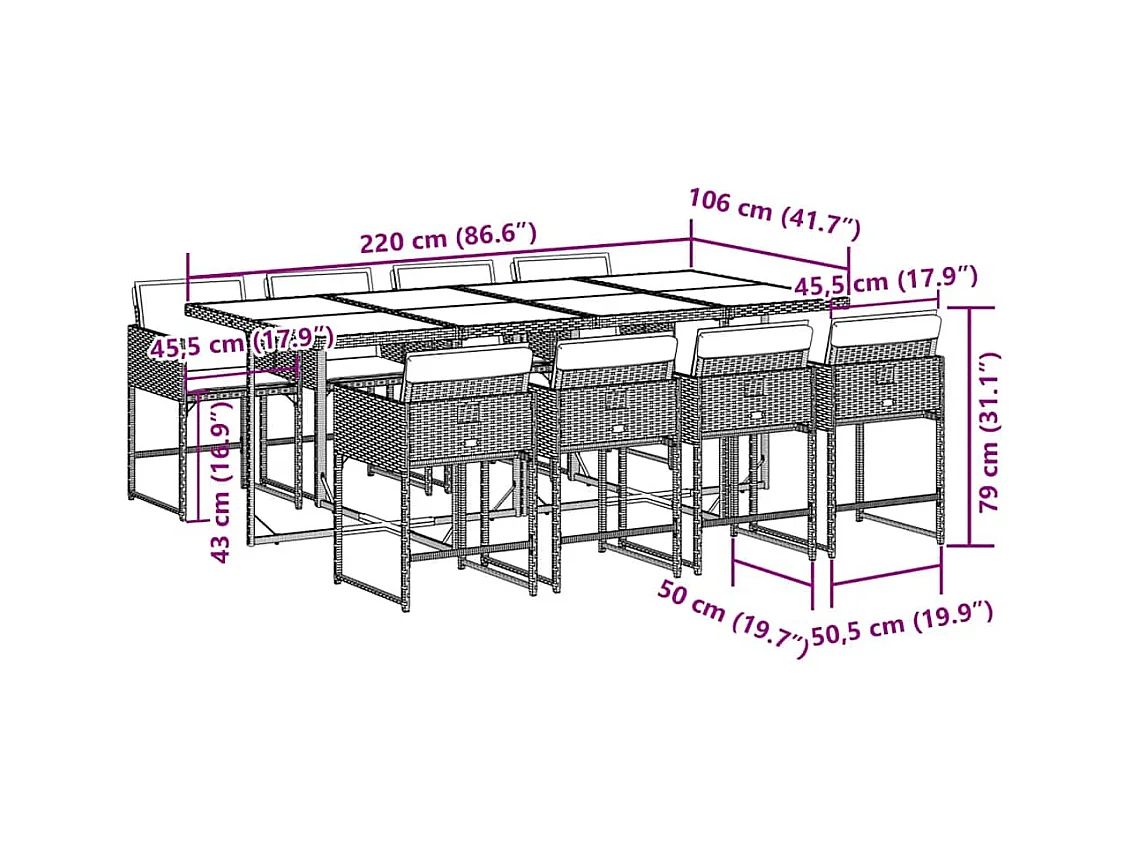 Ensemble à manger de jardin 9 pcs coussins gris résine tressée