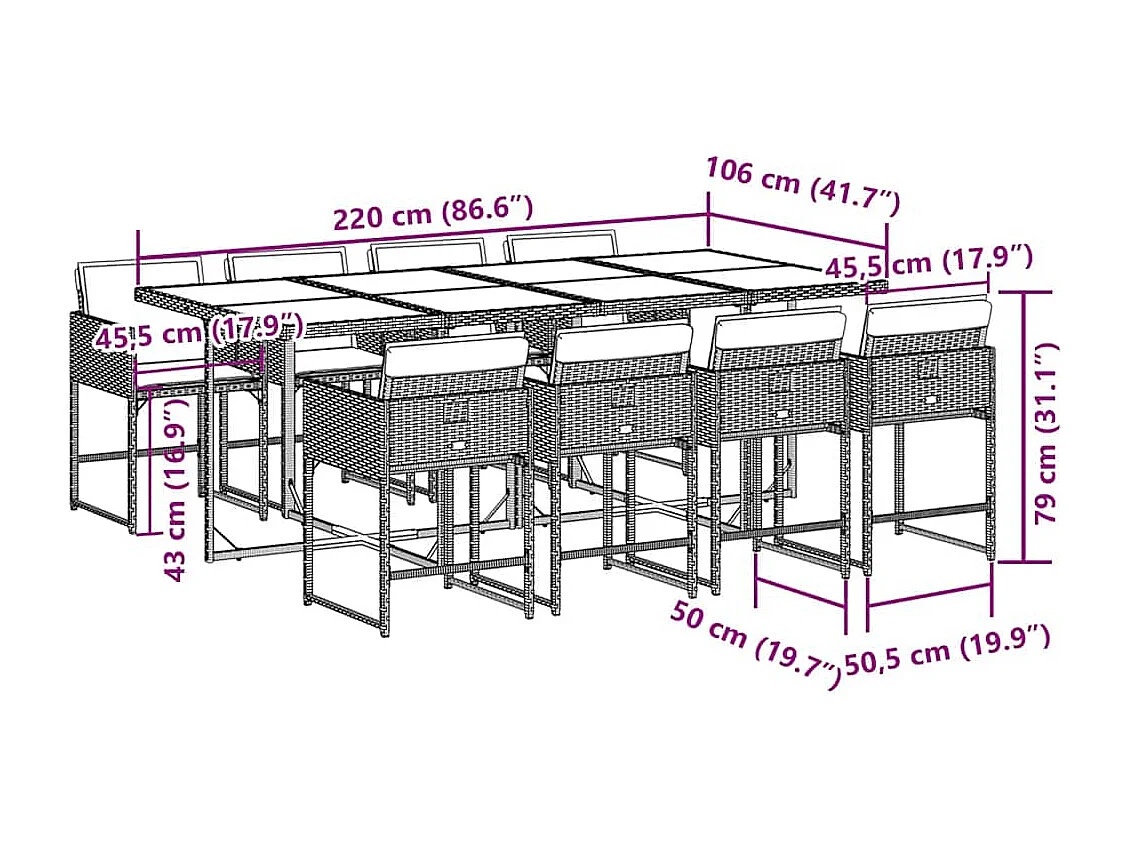 9-tlg. Garten-Essgruppe mit Kissen Grau Poly Rattan