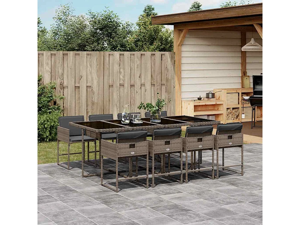 Set da Pranzo da Giardino 9 pz con Cuscini in Polyrattan Grigio
