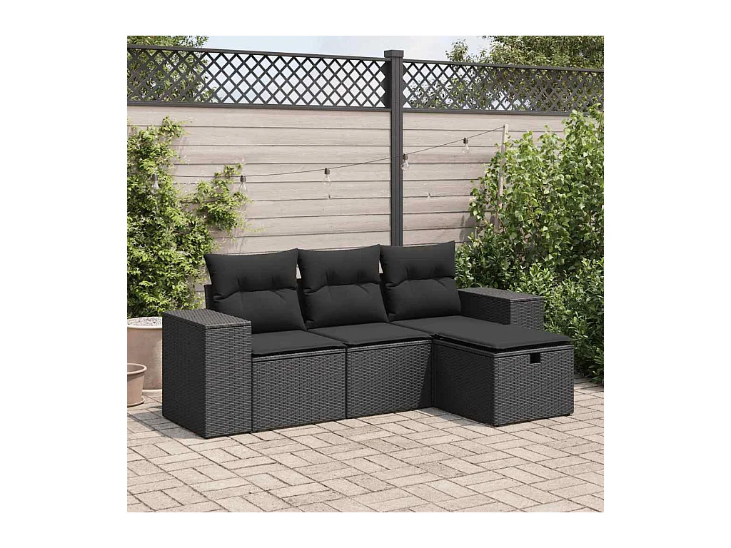 4-tlg. Garten-Sofagarnitur mit Kissen Schwarz Poly Rattan