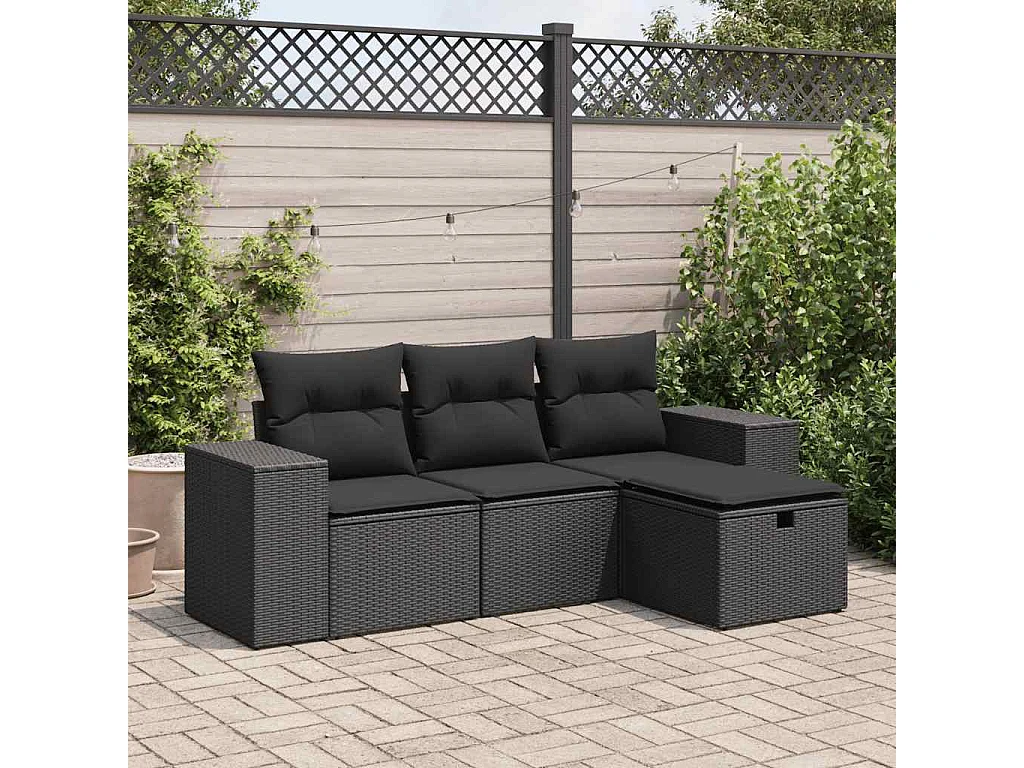 Salon de jardin 4 pcs avec coussins noir résine tressée