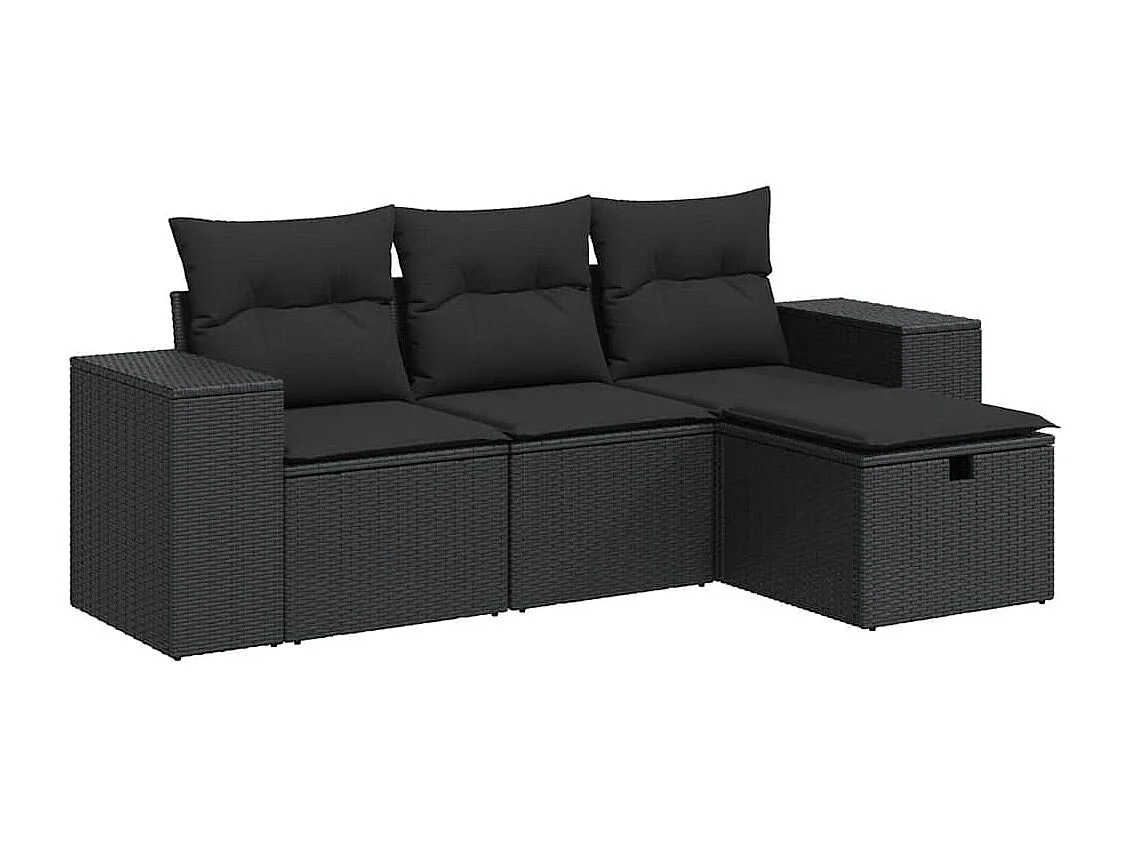 Salon de jardin 4 pcs avec coussins noir résine tressée
