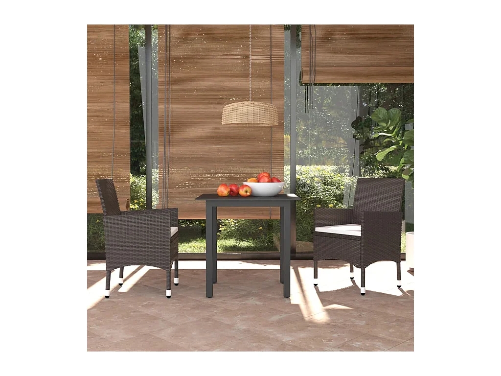 Ensemble à dîner de jardin avec coussins 3 pcs poly rotin brun