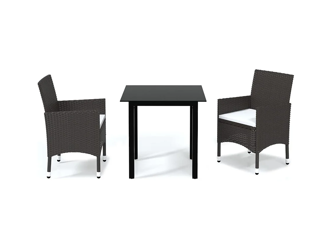 Ensemble à dîner de jardin avec coussins 3 pcs poly rotin brun