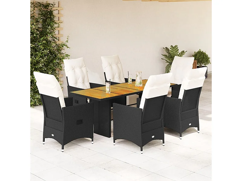 7-tlg. Garten-Essgruppe mit Kissen Schwarz Poly Rattan