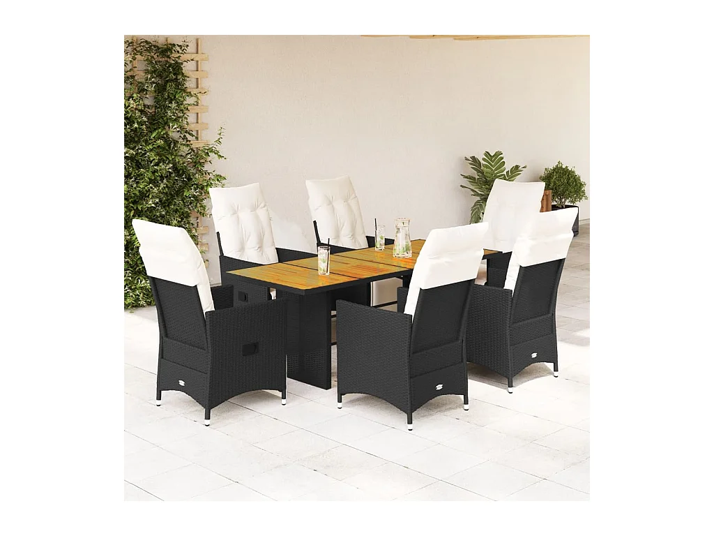 7-tlg. Garten-Essgruppe mit Kissen Schwarz Poly Rattan