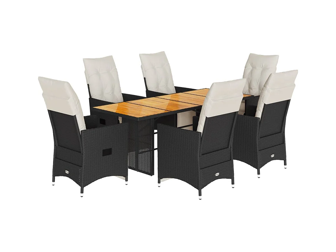 7-tlg. Garten-Essgruppe mit Kissen Schwarz Poly Rattan