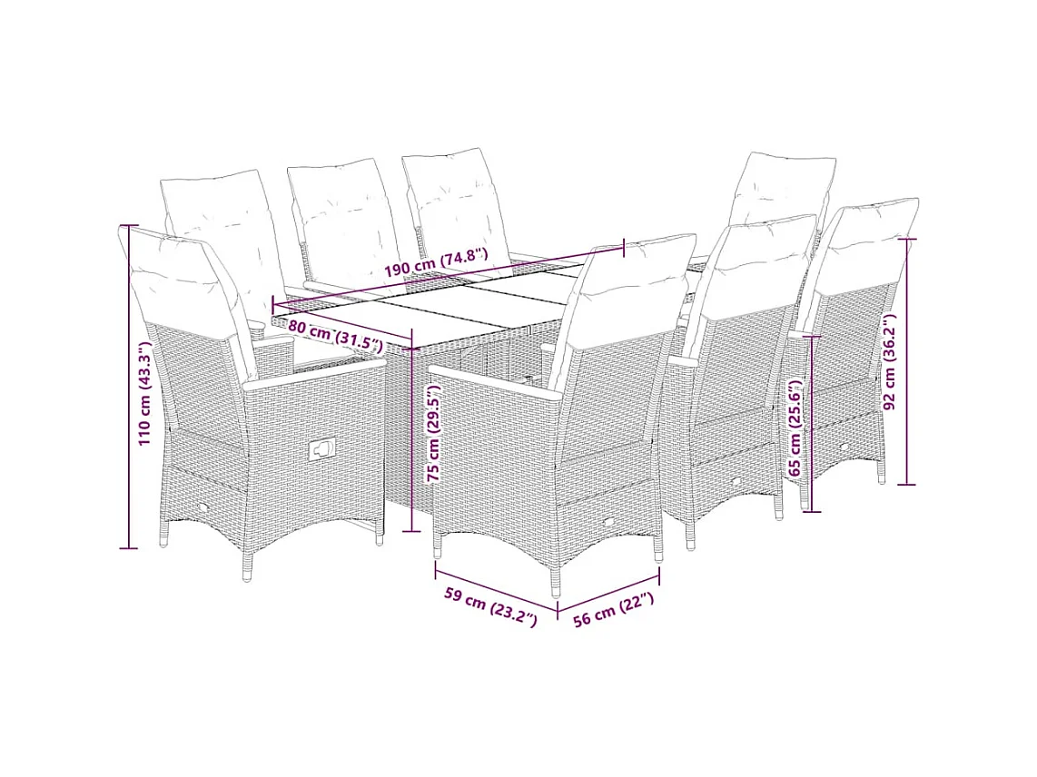 7-tlg. Garten-Essgruppe mit Kissen Schwarz Poly Rattan