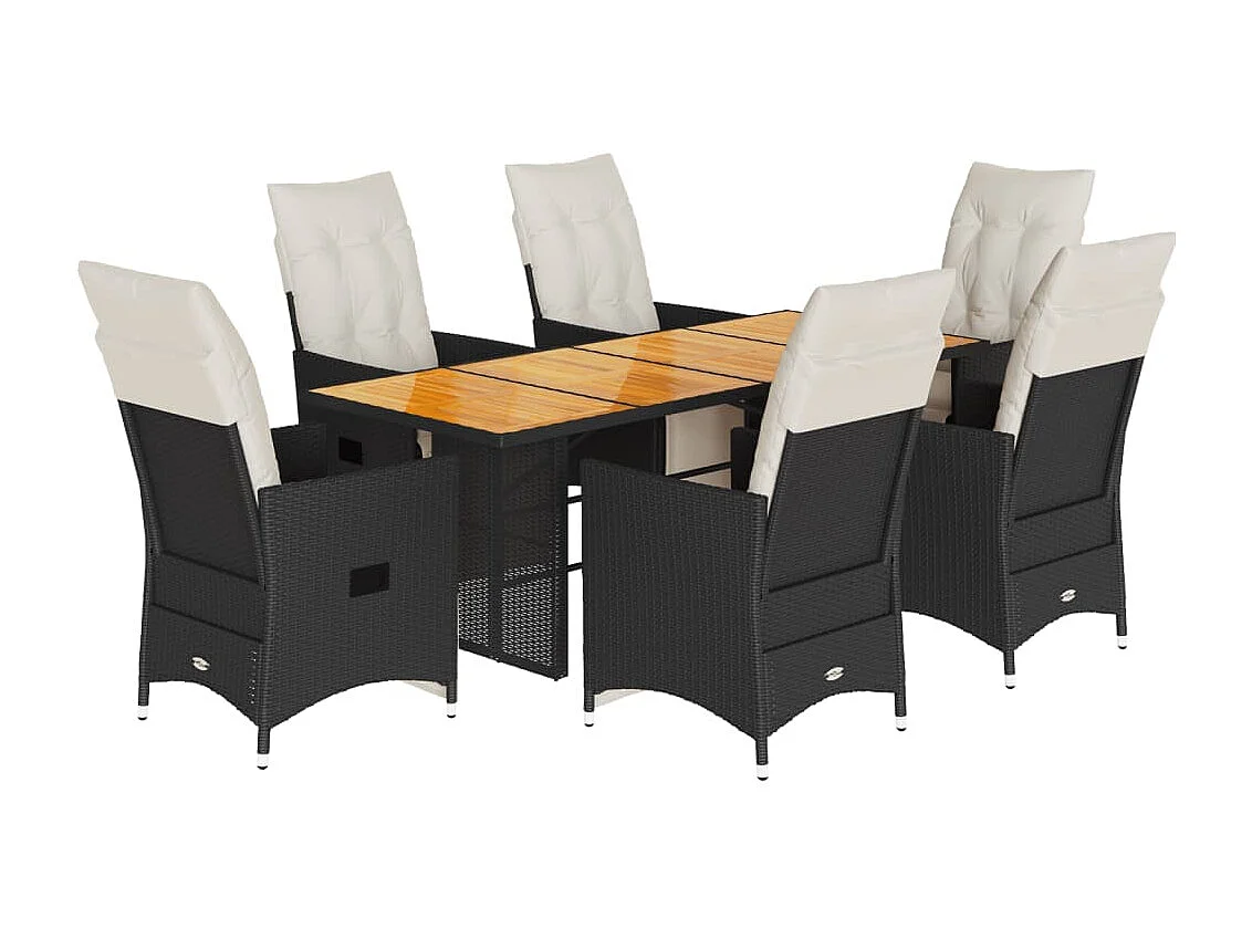 Ensemble à manger de jardin coussins 7 pcs noir résine tressée