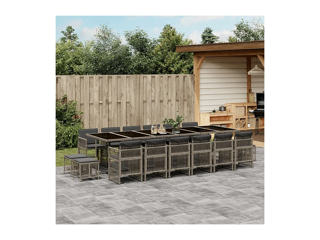 Ensemble à manger de jardin 17 pcs et coussins résine tressée