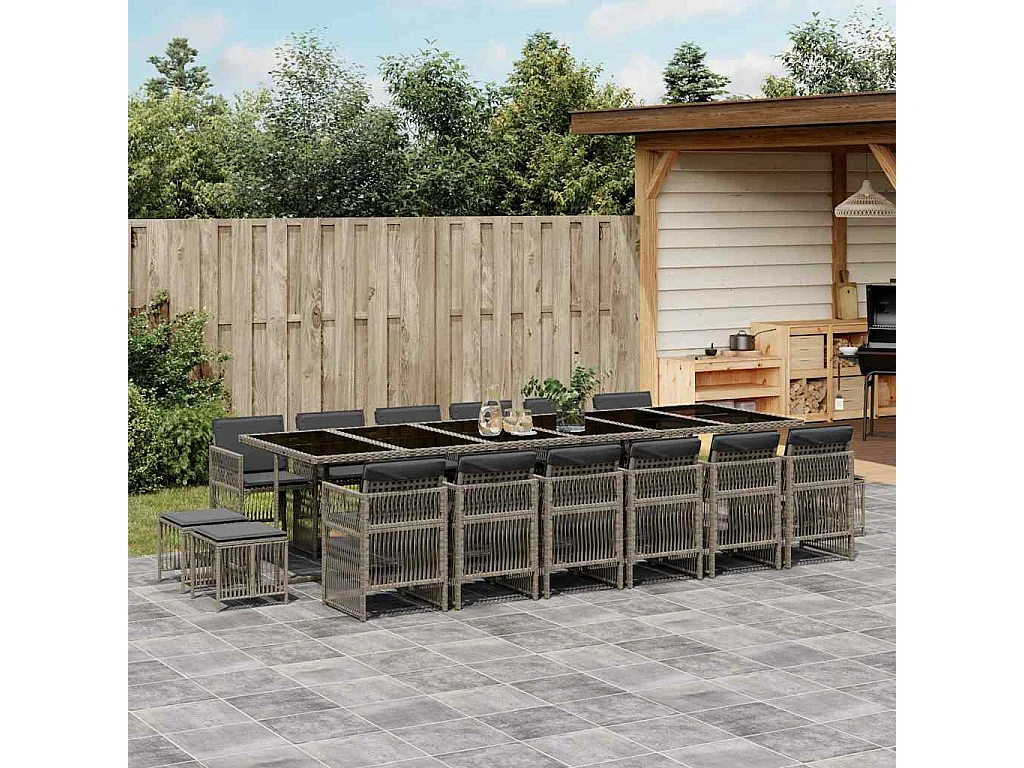 Set da Pranzo da Giardino 17pz con Cuscini Grigio in Polyrattan