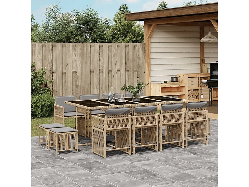 Set comedor de jardín con cojines 13 pzas ratán sintético beige