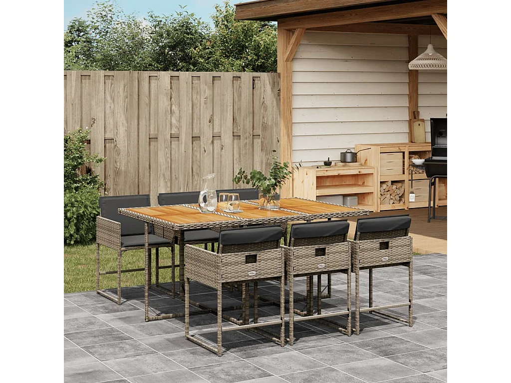 Ensemble à manger de jardin et coussins 7 pcs gris rotin