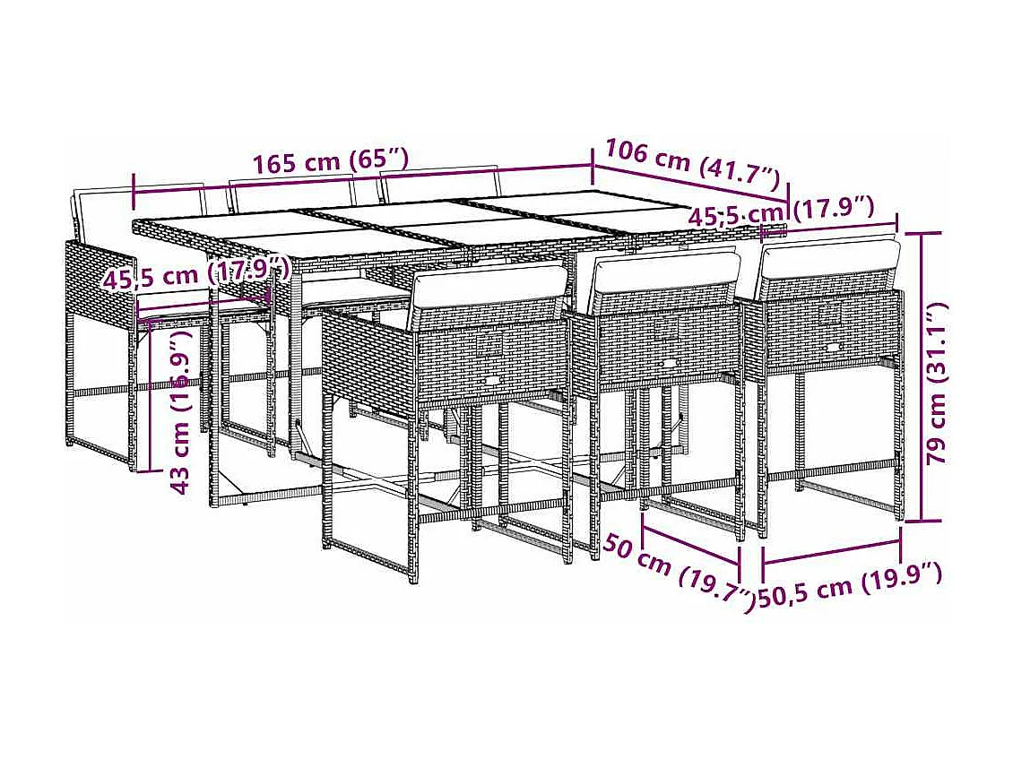 Ensemble à manger de jardin et coussins 7 pcs gris rotin