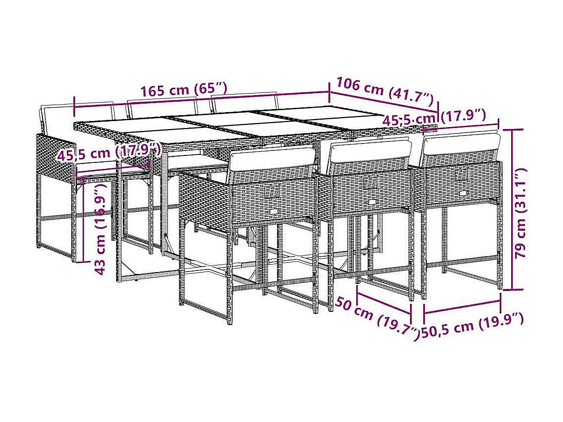Ensemble à manger de jardin et coussins 7 pcs gris rotin