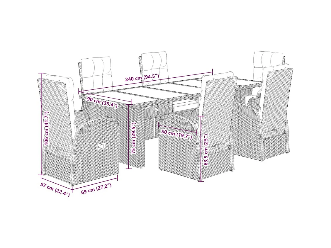 Set de comedor de jardín 7 pzas y cojines ratán sintético negro