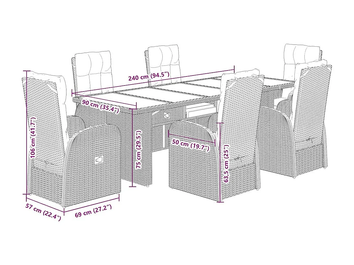 Set de comedor de jardín 7 pzas y cojines ratán sintético negro