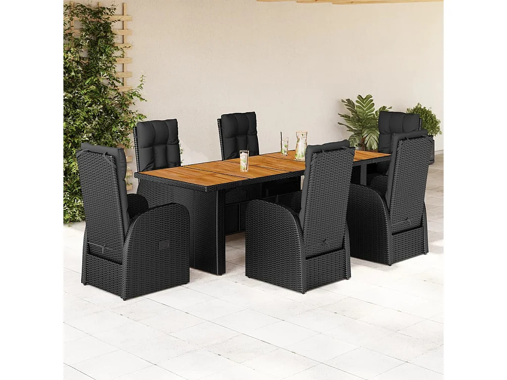 Ensemble à manger de jardin coussins 7 pcs noir résine tressée