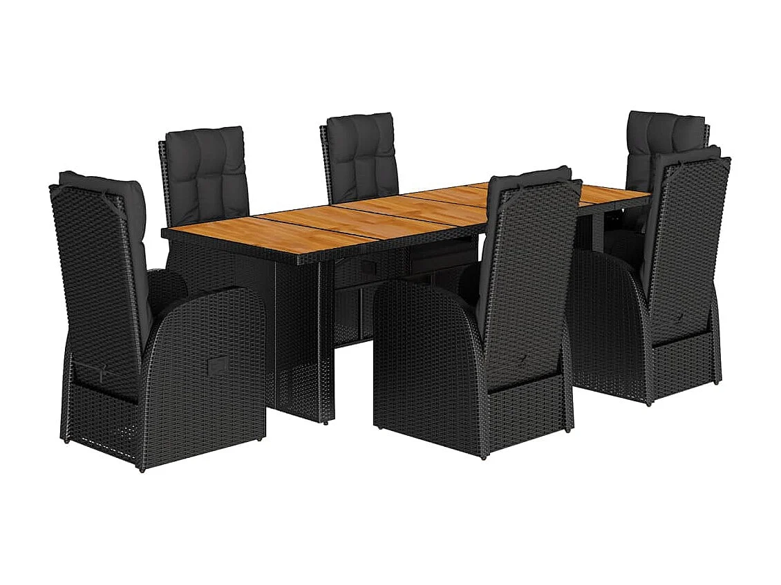 Ensemble à manger de jardin coussins 7 pcs noir résine tressée