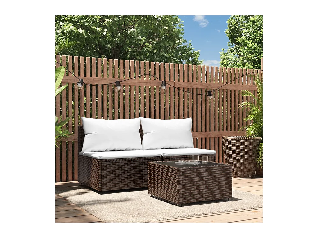 3-tlg. Garten-Lounge-Set mit Kissen Braun Poly Rattan