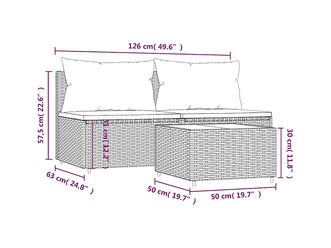 3-tlg. Garten-Lounge-Set mit Kissen Braun Poly Rattan