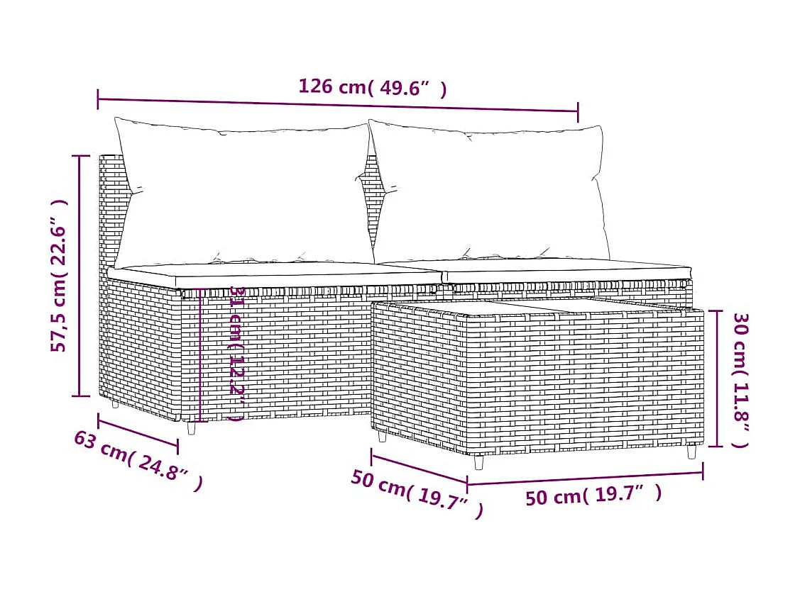 3-tlg. Garten-Lounge-Set mit Kissen Braun Poly Rattan