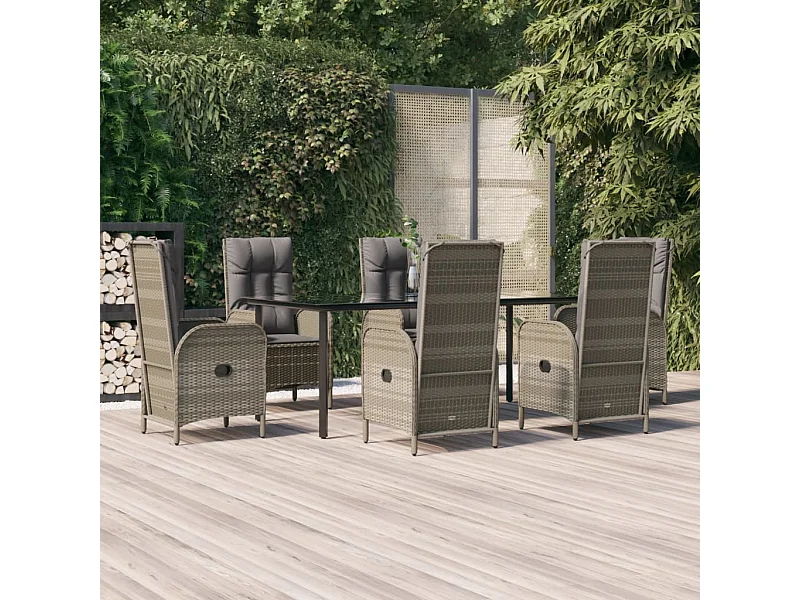 7-tlg. Garten-Essgruppe mit Kissen Schwarz und Grau Poly Rattan