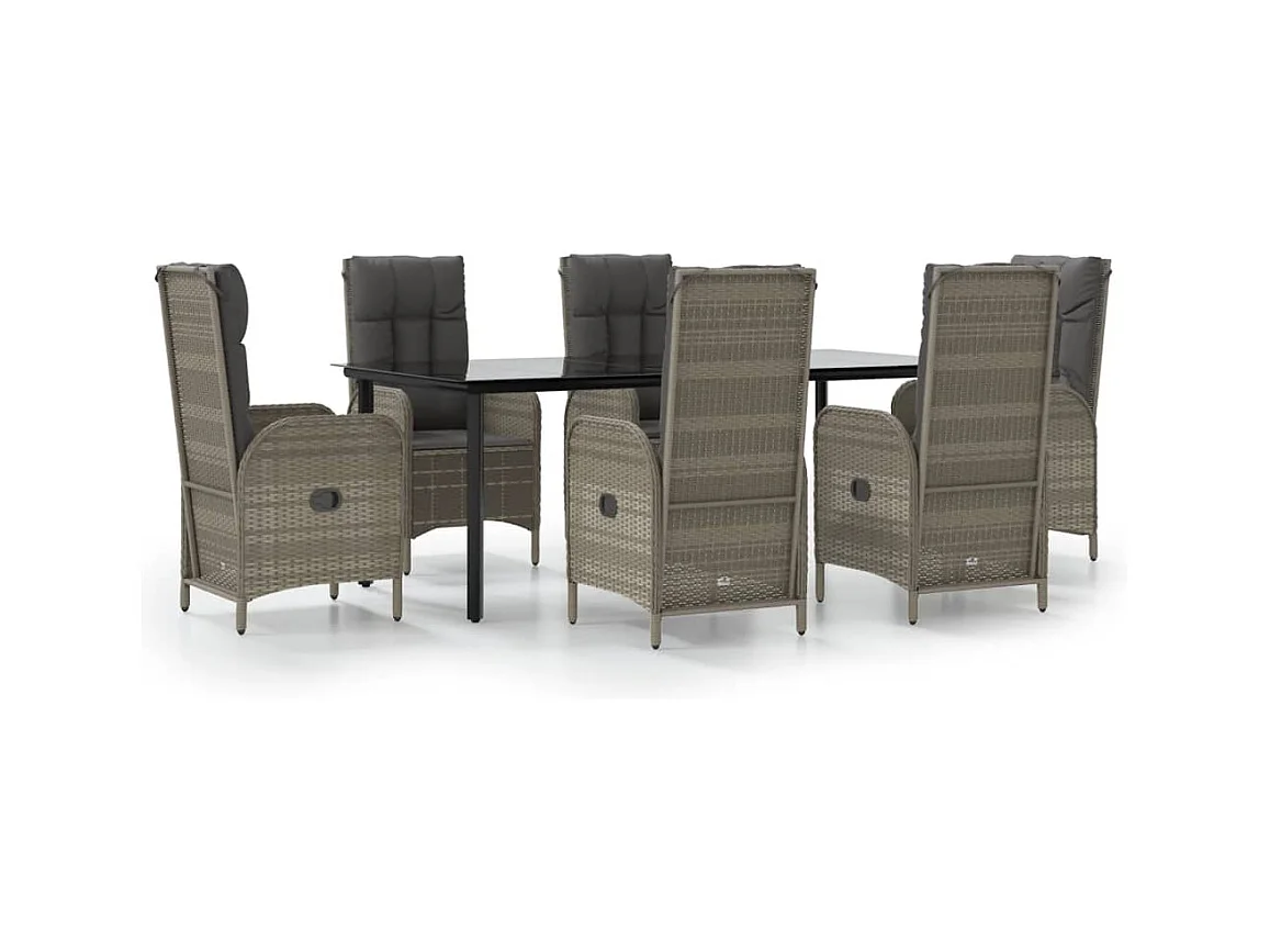 Set da Pranzo Giardino 7pz Nero e Grigio con Cuscini Polyrattan