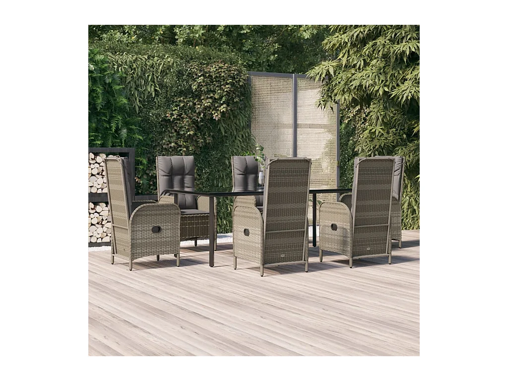 Ensemble à manger jardin et coussins 7 pcs Noir et gris Rotin