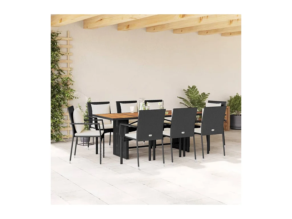 Set da Pranzo da Giardino 9 pz con Cuscini Nero in Polyrattan