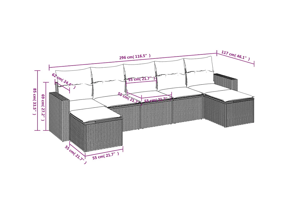 Salon de jardin avec coussins 7 pcs gris clair résine tressée