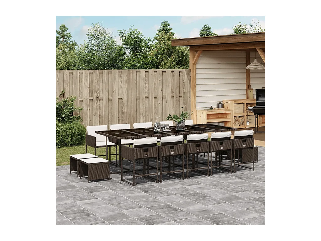 Ensemble à manger de jardin avec coussins 15 pcs marron rotin
