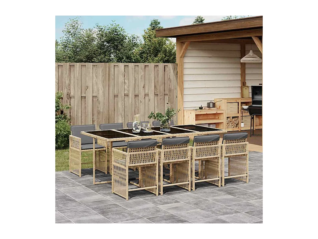 9-delige Tuinset met kussens poly rattan gemengd beige