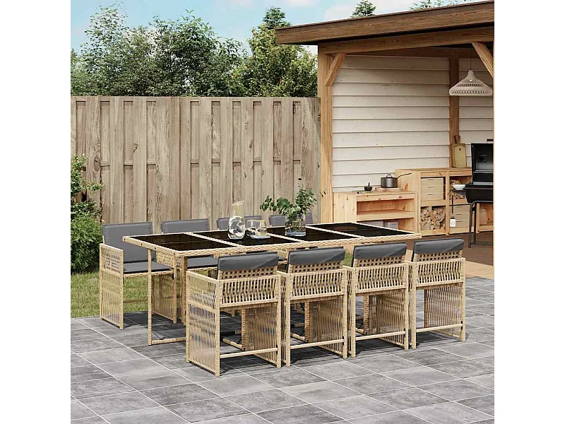 Set Pranzo da Giardino 9 pz con Cuscini Beige Misto Polyrattan