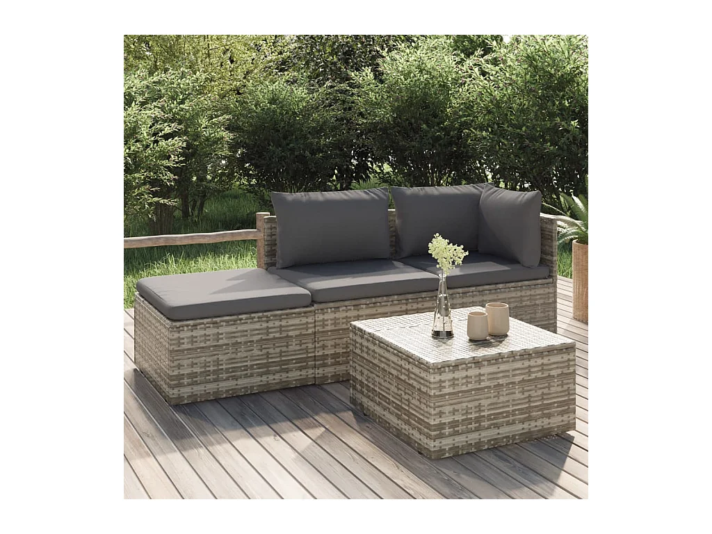 Salon de jardin 4 pcs avec coussins Gris Résine tressée