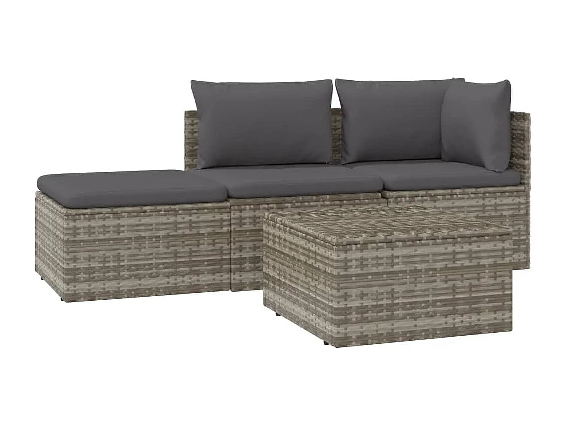 4 pcs conjunto lounge de jardim c/ almofadões vime PE cinzento