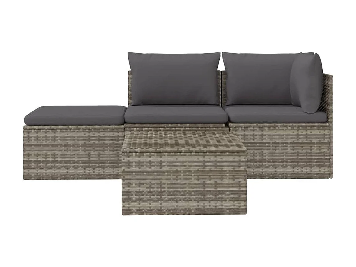 4 pcs conjunto lounge de jardim c/ almofadões vime PE cinzento