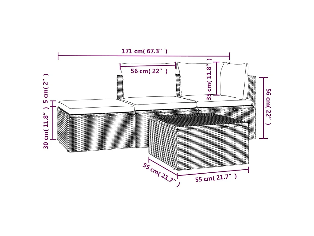 4-tlg. Garten-Lounge-Set mit Kissen Grau Poly Rattan
