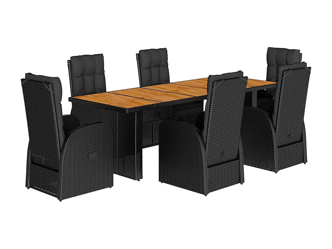 Ensemble à manger de jardin coussins 7 pcs noir résine tressée