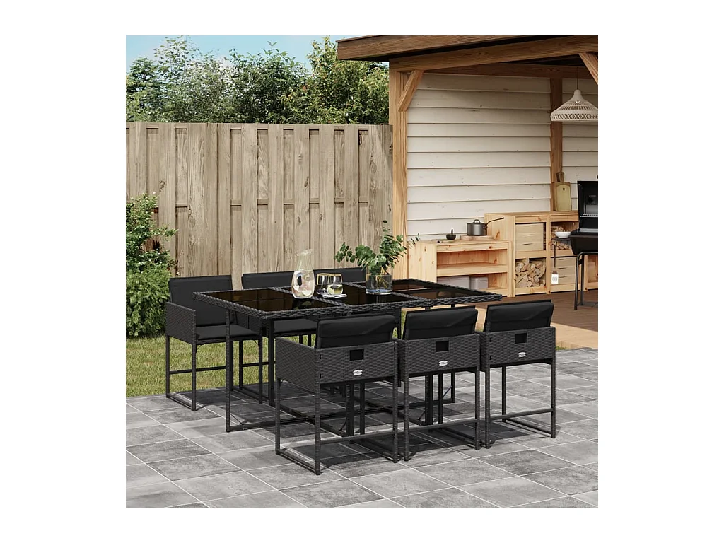 Ensemble à manger de jardin coussins 7pcs Noir Résine tressée