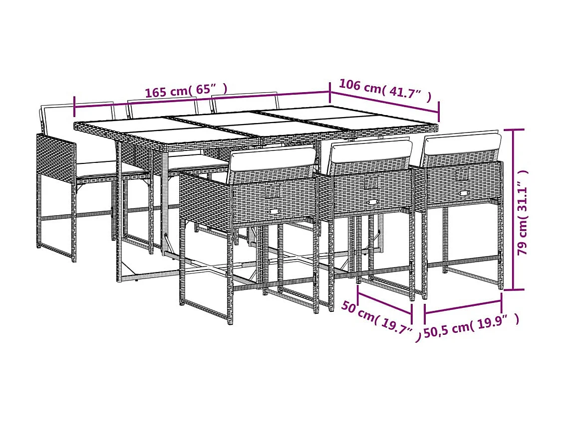 Ensemble à manger de jardin coussins 7pcs Noir Résine tressée