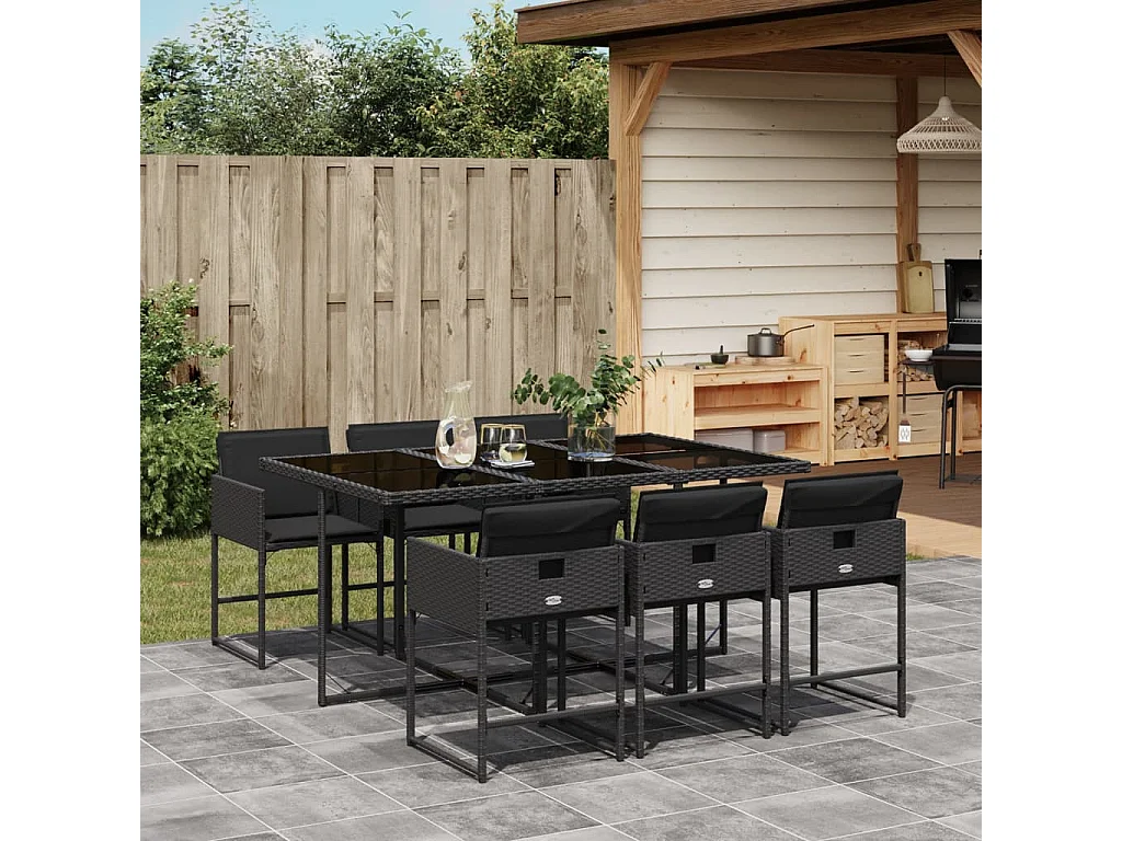 7 pcs conjunto de jantar p/ jardim c/ almofadões vime PE preto