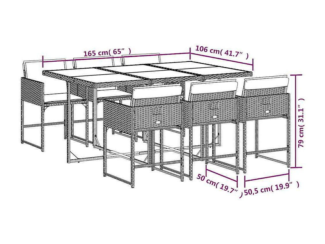 7 pcs conjunto de jantar p/ jardim c/ almofadões vime PE preto