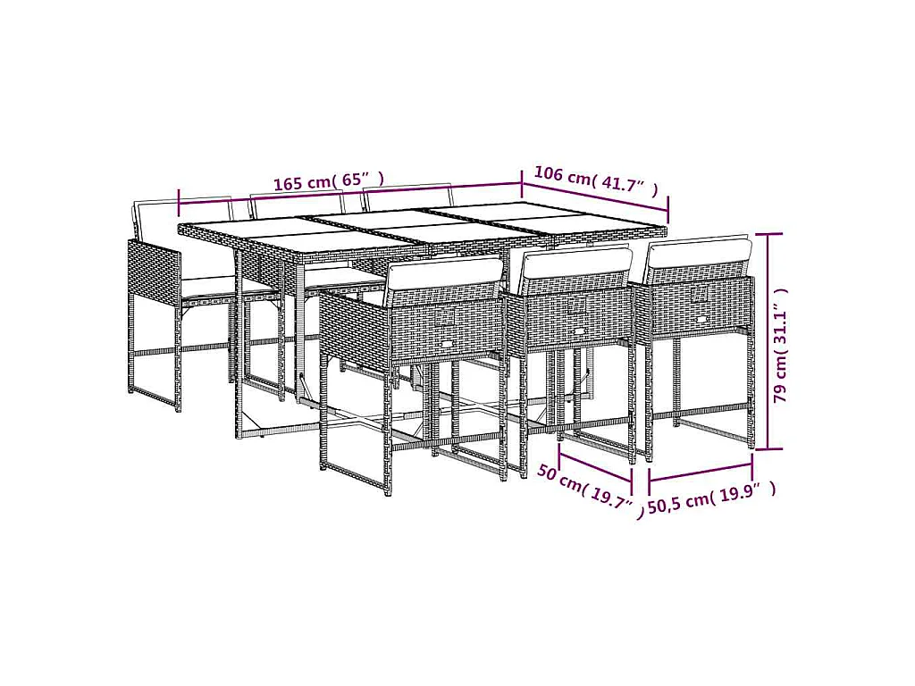 Ensemble à manger de jardin coussins 7pcs Noir Résine tressée