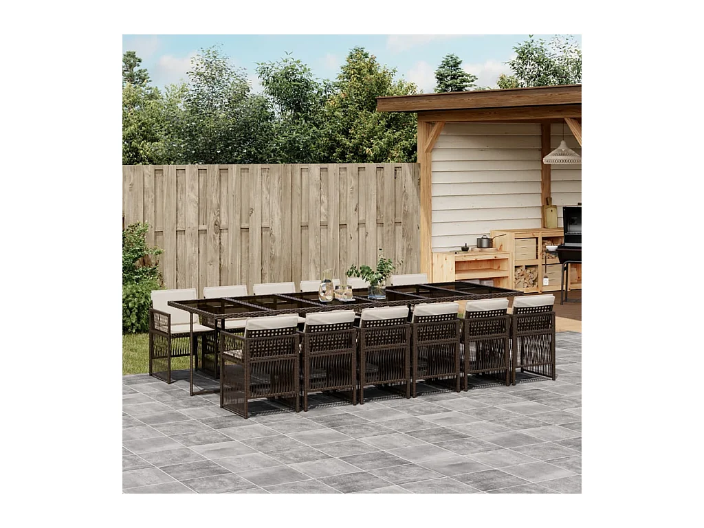 Ensemble à manger de jardin avec coussins 13 pcs marron rotin